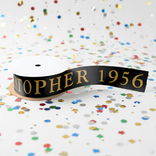70th Birthday Name 1956 Black Gold Elegant Chic Satin Ribbon