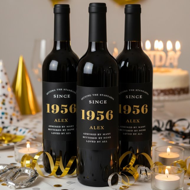 70th Birthday Name 1956 Black Gold Elegant Chic Wine Label (Black 1956 wine bottle labels)