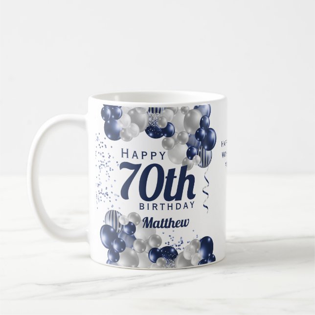 70th Birthday Navy Balloons Coffee Mug (Left)
