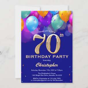 70th Birthday Navy Blue and Gold Colourful Balloon Invitation