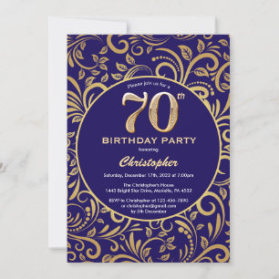 70th Birthday Navy Blue and Gold Floral Pattern Invitation