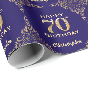 70th Birthday Navy Blue and Gold Glitter Frame Wrapping Paper