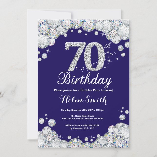 70th Birthday Navy Blue and Silver Diamond Invitation (Front)
