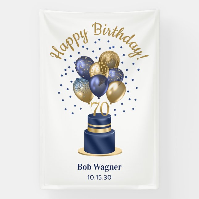 70th Birthday Navy Blue Balloon Cake Banner (Vertical)
