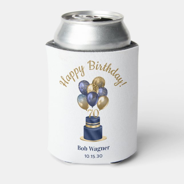 70th Birthday Navy Blue Balloon Cake Can Cooler (Can Back)
