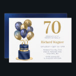 70th Birthday Navy Blue Balloon Cake Invitation<br><div class="desc">This fabulous men's 70th birthday party invitation featuring a 2-layer navy blue and gold cake with navy blue and gold balloons, the number 70 in gold would be perfect for celebrating your husband, brother, dad, friend, co-worker. It is traditional and classic while being fresh, modern and contemporary. The back is...</div>