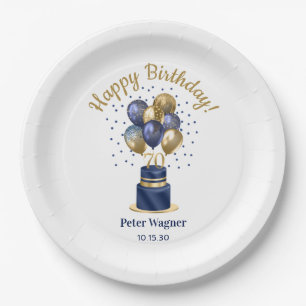 70th Birthday Navy Blue Balloon Cake Paper Plate