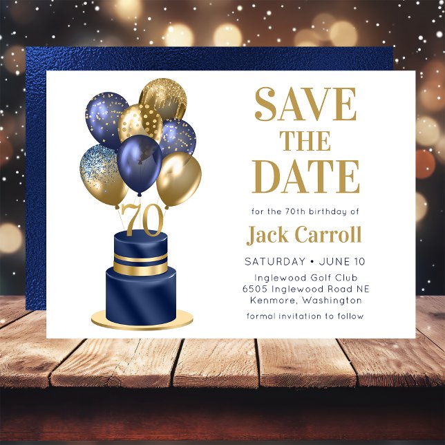 70th Birthday Navy Blue Balloon Cake Save The Date (Creator Uploaded)