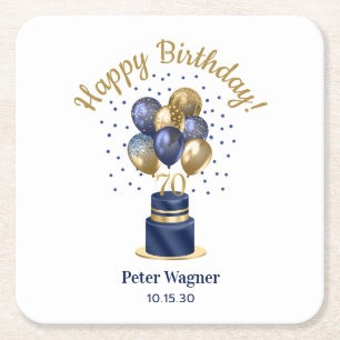 70th Birthday Navy Blue Balloon Cake Square Paper Coaster