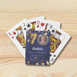 70th birthday navy blue gold stars photo playing cards<br><div class="desc">70th Birthday Navy Blue & Gold Stars Custom Photo Playing Cards Celebrate 70 in sparkling style! This elegant uneven coloured navy blue wine label with faux gold stars is the perfect personalized touch for your milestone celebration. Featuring space for your custom photo, name, age, date, Details: • Customize with your...</div>