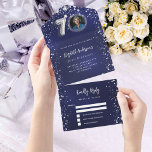 70th Birthday navy blue photo silver stars rsvp All In One Invitation<br><div class="desc">A navy blue background,  decorated with stars. The blue colour is uneven.  Personalize and add a photo,  name,  party details,  RSVP date,  return address and name.</div>