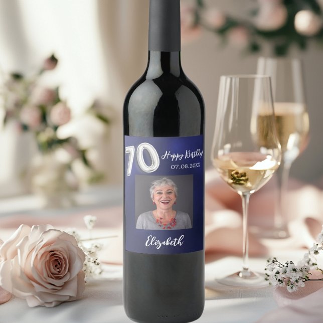 70th Birthday navy blue photo Wine Label (Creator Uploaded)