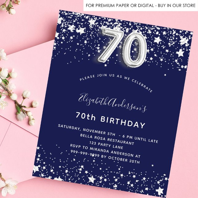 70th birthday navy blue silver budget invitation flyer (Creator Uploaded)