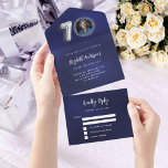 70th Birthday navy blue silver photo rsvp All In One Invitation<br><div class="desc">A navy blue background. The blue colour is uneven.  Personalize and add a photo,  name,  party details,  RSVP date,  return address and name.  Number 70 is written with a balloon style font in faux silver.</div>