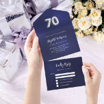 70th Birthday navy blue silver rsvp All In One Invitation<br><div class="desc">A navy blue background. The blue colour is uneven.  Personalize and add name,  party details,  RSVP date,  return address and name.  Number 70 is written with a balloon style font in faux silver.</div>