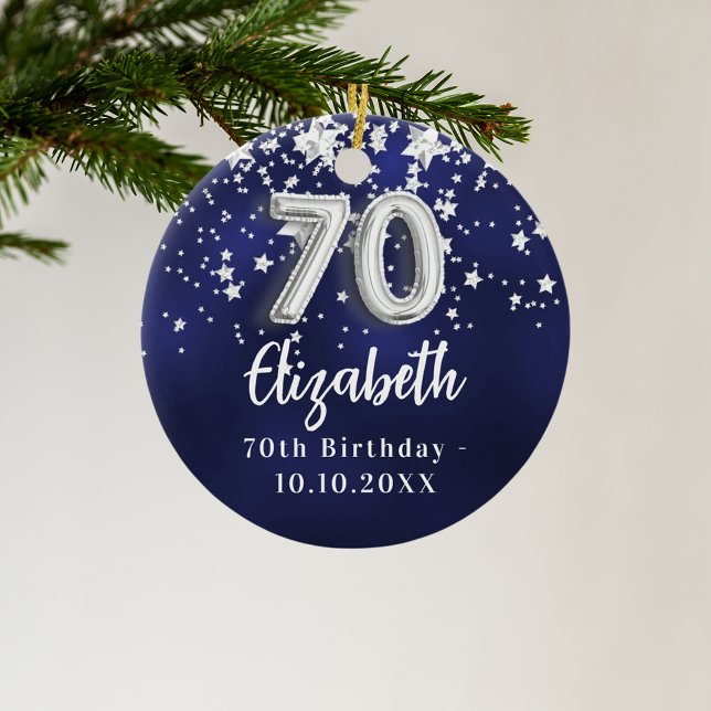 70th birthday navy blue silver stars ceramic ornament (Creator Uploaded)
