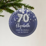 70th birthday navy blue silver stars glass ornament<br><div class="desc">A navy blue background colour with faux silver stars. The blue colour is uneven.  Add your name,  text/date</div>