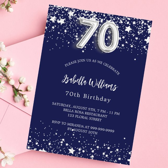 70th birthday navy blue silver stars invitation postcard (Creator Uploaded)