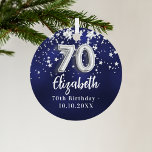 70th birthday navy blue silver stars metal ornament<br><div class="desc">A navy blue background colour with faux silver stars. The blue colour is uneven.  Add your name,  text/date</div>