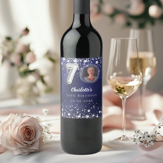70th birthday navy blue silver stars photo wine label (Creator Uploaded)