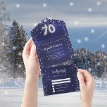 70th birthday navy blue silver stars rsvp all in one invitation<br><div class="desc">A navy blue background,  decorated with stars. The blue colour is uneven.  Personalize and add names,  party details,  RSVP date,  return address and name.  Number 70 is written with a balloon style font.</div>