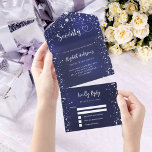 70th Birthday navy blue silver stars rsvp All In One Invitation<br><div class="desc">A navy blue background,  decorated with stars. The blue colour is uneven.  Personalize and add name,  party details,  RSVP date,  return address and name. Ninety is written with a heart.</div>