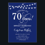 70th Birthday - Navy Blue White Invitation<br><div class="desc">70th Birthday Invitation
Simple navy blue design with fairy string lights and script font. Cheers to 70 years! Can be personalized into any age! Message me if you need further customization.</div>