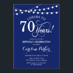 70th Birthday - Navy Blue White Invitation<br><div class="desc">70th Birthday Invitation
Simple navy blue design with fairy string lights and script font. Cheers to 70 years! Can be personalized into any age! Message me if you need further customization.</div>