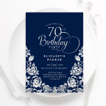 70th Birthday Navy Silver Roses Invitation<br><div class="desc">Navy silver elegant 70th birthday party invitation. Classy design featuring roses,  faux silver foil and typography script font. Trendy invite card perfect for a stylish female bday celebration. Personalize with your own details. Can be customized to any age. Printed Zazzle invitations or instant download digital printable template.</div>
