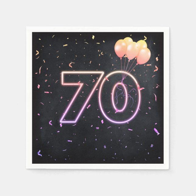 70th Birthday Neon Sign On Black Napkins (Front)