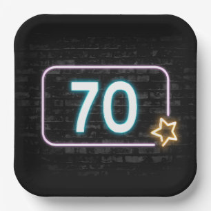 70th Birthday Neon Sign On Brick Paper Plate