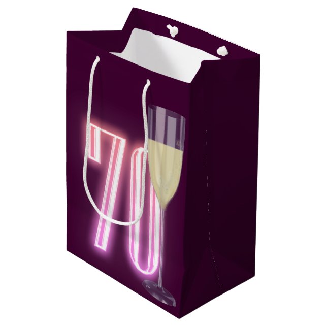 70th Birthday Neon Sign with Wine  Medium Gift Bag (Front Angled)