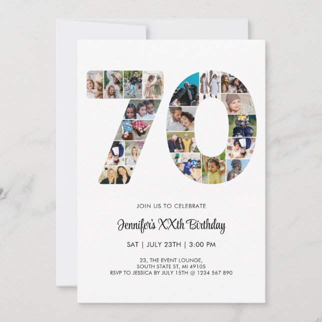 70th Birthday Number 70 Custom Photo Collage Invitation (Front)
