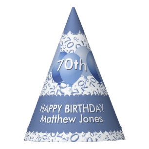 70th Birthday Number Pattern Blue/White Scallops Party Hat