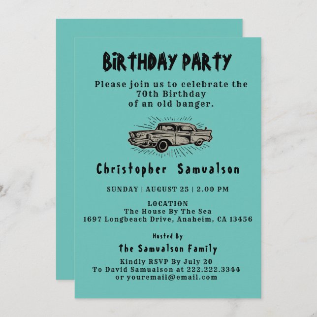 70th Birthday Old Banger Car Enthusiast Vintage Invitation (Front/Back)