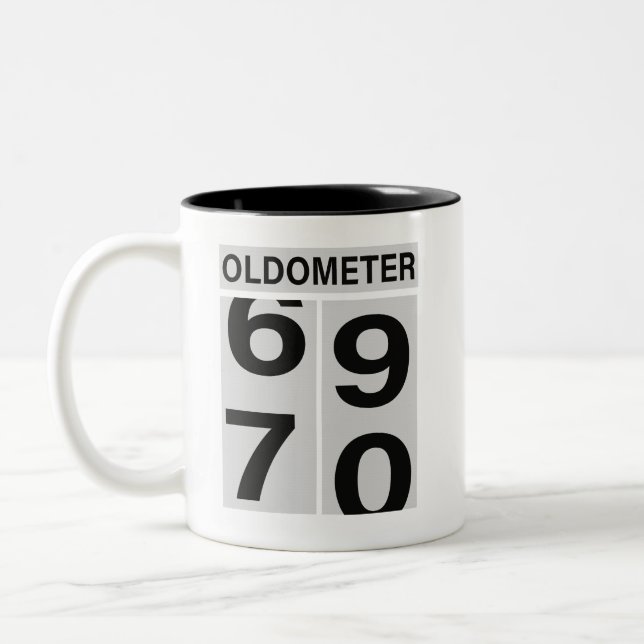 70th Birthday Oldometer Two-Tone Coffee Mug (Left)
