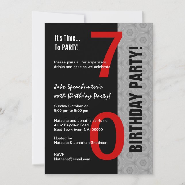 70th Birthday Part Modern Red Silver Black W1792B Invitation (Front)