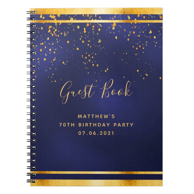 70th Birthday Party 70 dark blue gold guest book (Front)