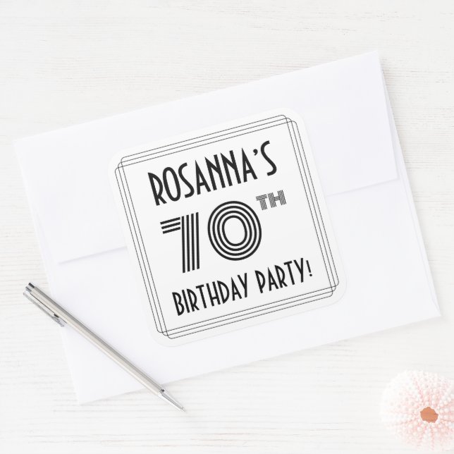 70th Birthday Party: Art Deco Style + Custom Name Square Sticker (Envelope)