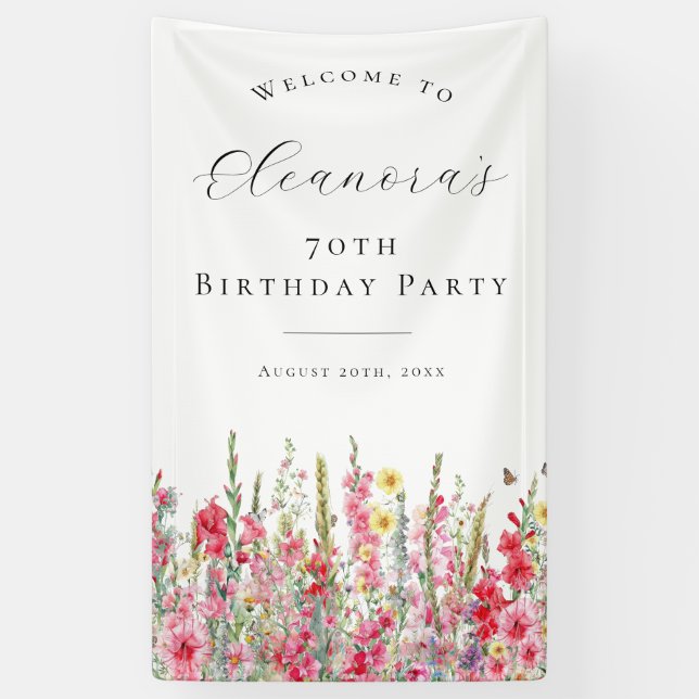 70th Birthday Party August Birth Flower Welcome Banner (Vertical)
