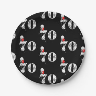 70th birthday party balloons on black paper plate