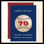 70th Birthday Party, Baseball, Red and Blue, Name Invitation<br><div class="desc">A baseball on a dark blue background decorates this unique and fun 70th Birthday Celebration Invitation. The reverse has white lettering on a red background. You can easily change the text for name, age, event, date, etc. Sports fans will love it! All Rights Reserved © 2014 Alan & Marcia Socolik....</div>
