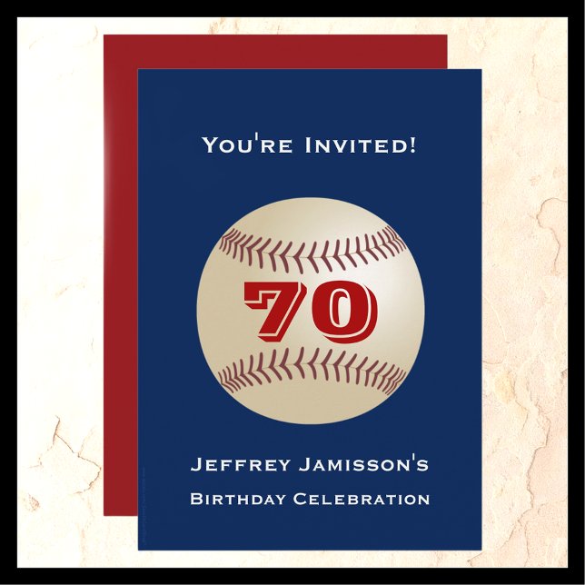 70th Birthday Party, Baseball, Red and Blue, Name Invitation (Creator Uploaded)
