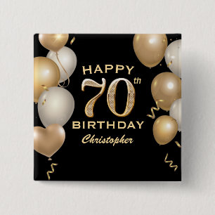 70th Birthday Party Black and Gold Balloons 2 Inch Square Button