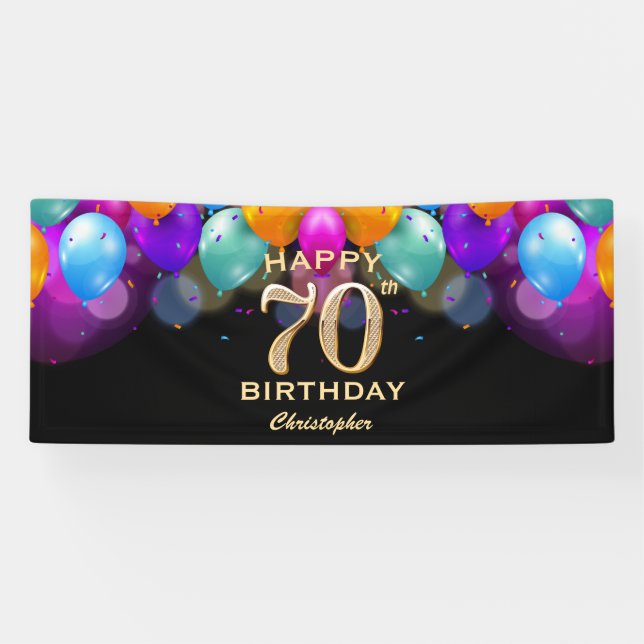 70th Birthday Party Black and Gold Balloons Banner (Horizontal)