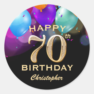 70th Birthday Party Black and Gold Balloons Classic Round Sticker