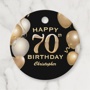 70th Birthday Party Black and Gold Balloons Favour Tags