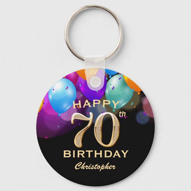 70th Birthday Party Black and Gold Balloons Keychain (Front)