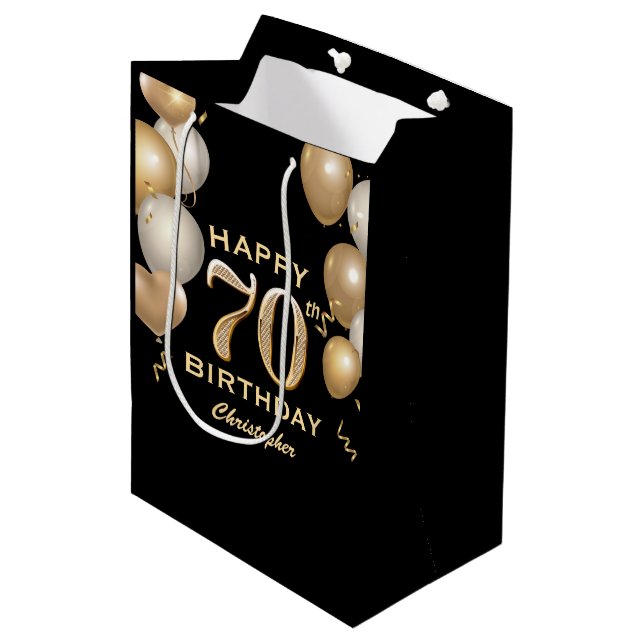 70th Birthday Party Black and Gold Balloons Medium Gift Bag (Front Angled)