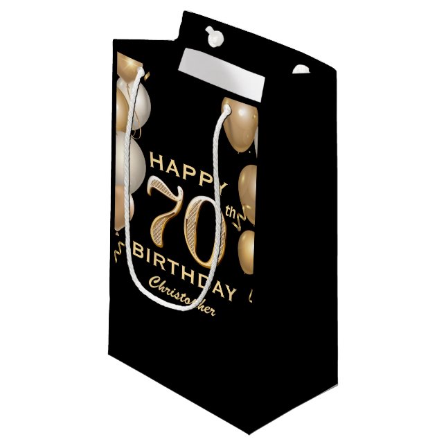 70th Birthday Party Black and Gold Balloons Small Gift Bag (Front Angled)
